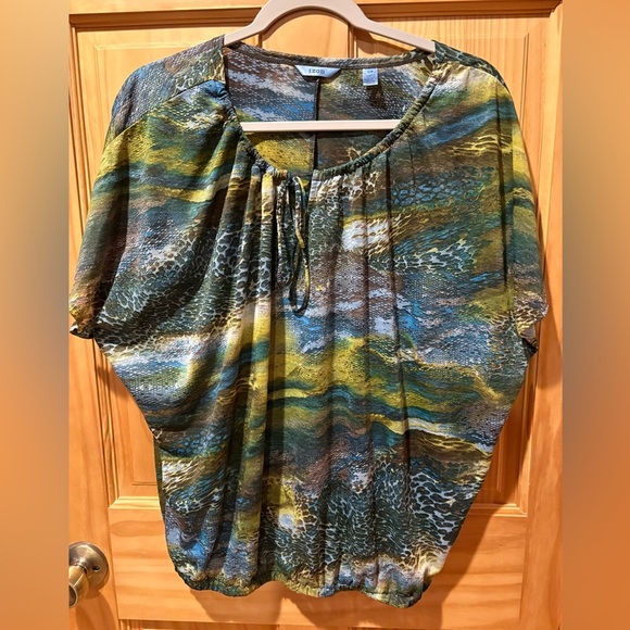 IZOD Green/brown/yellow/ blue Animal print Blouse Peasant Style women’s S/P - Picture 1 of 7